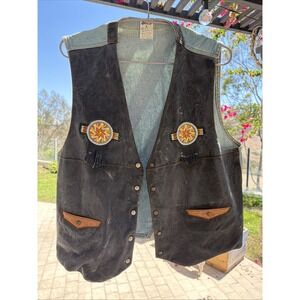 Vintage Shooter Brand Leather Style /Denim Vest Aztec Western Country